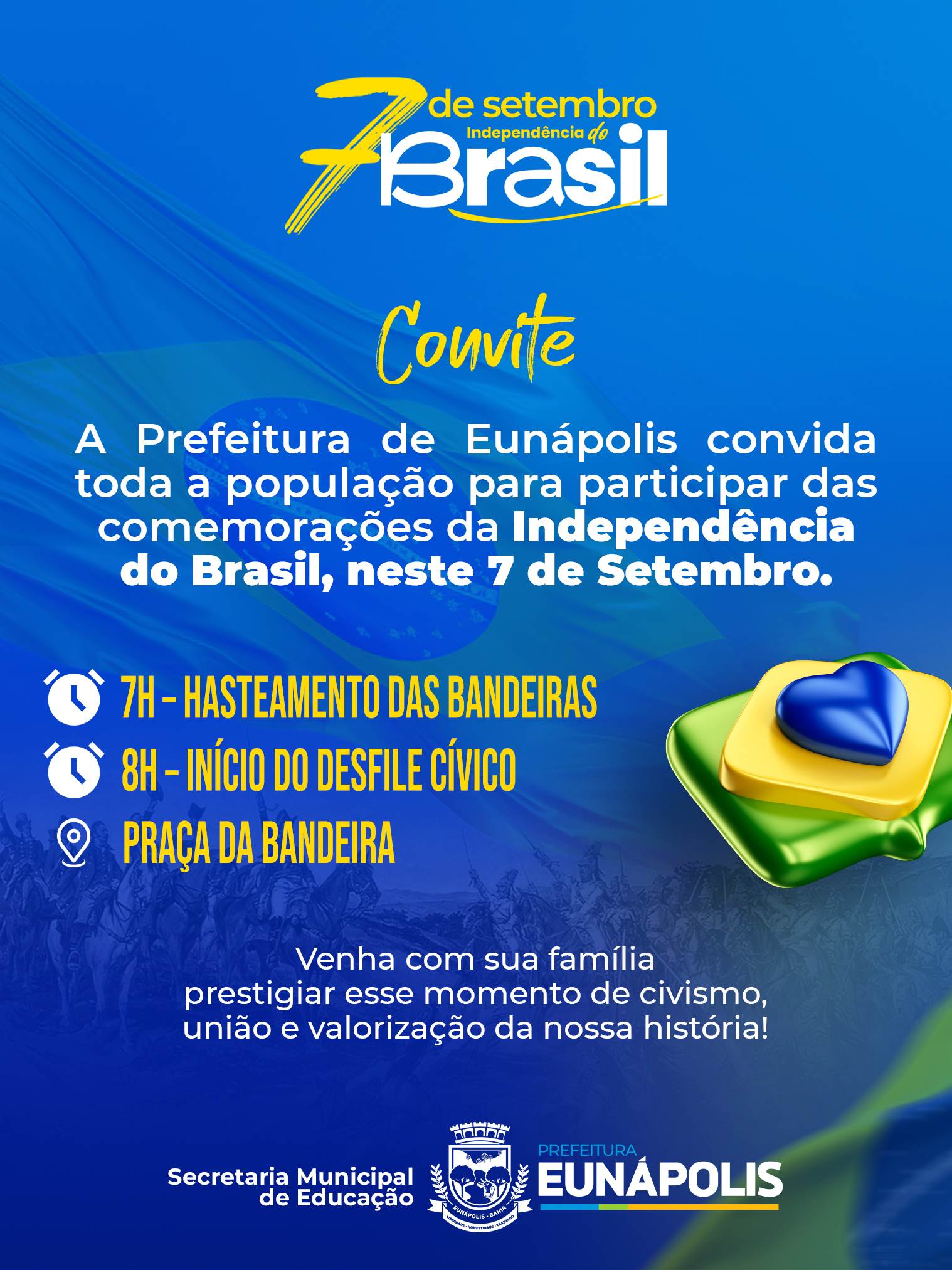 Prefeitura de Eunápolis convida população para o Desfile Cívico de 7 de Setembro nesta segunda-feira 6